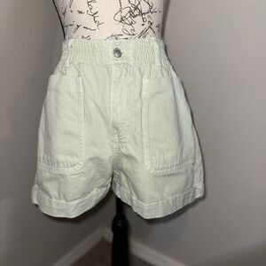 Zara Light Green Cotton Denim Cargo Shorts Women's 2 High Rise Elastic Waist